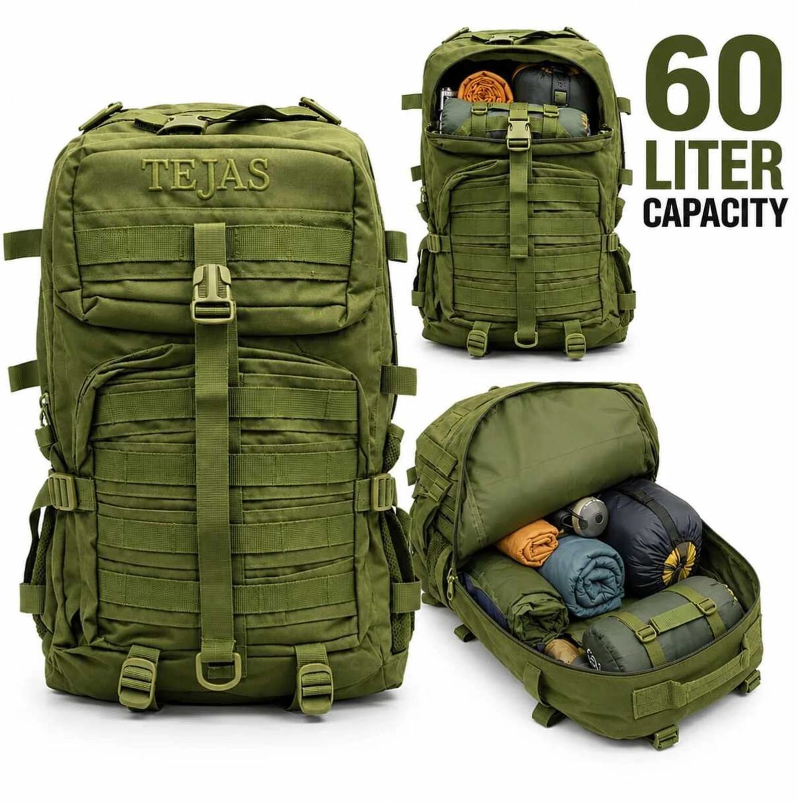 AMC Large 60 L Backpack Army Tactical Backpack Tejas (Green)