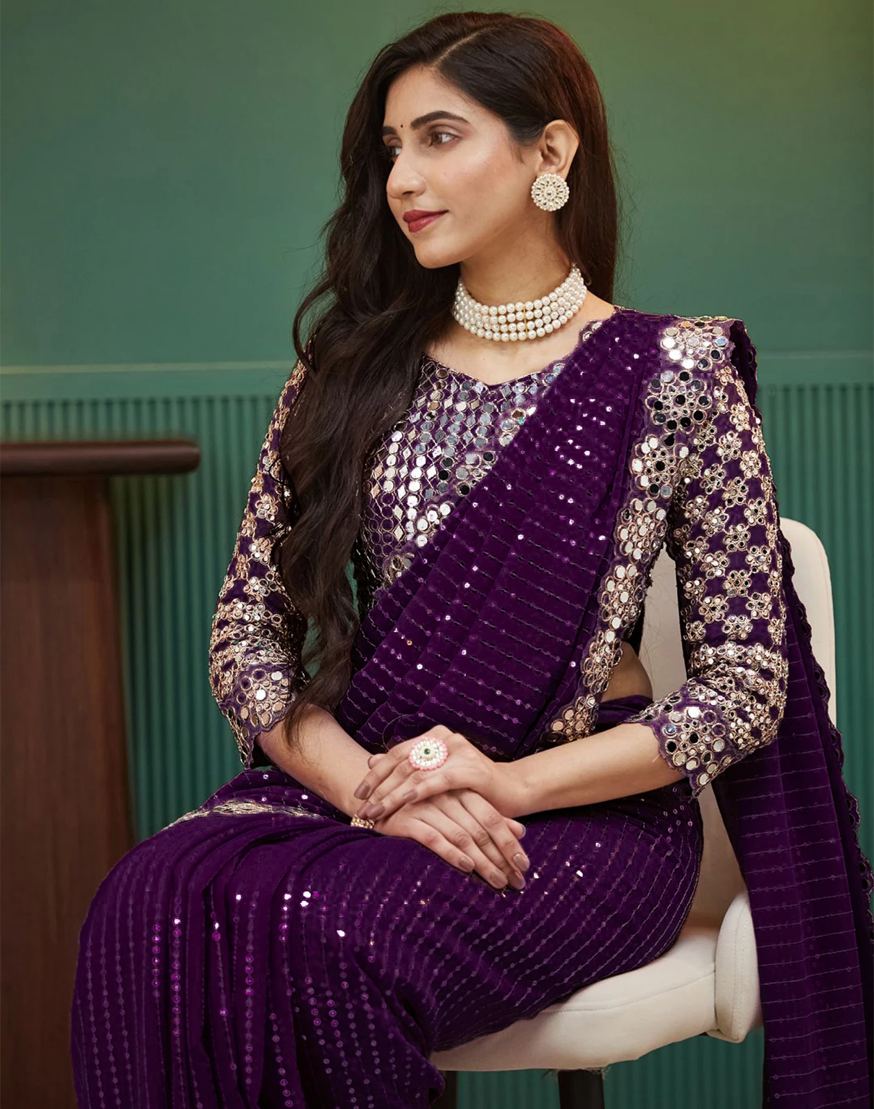 Satrani Embellished, Embroidered, Self Design Bollywood Georgette Saree (Purple)