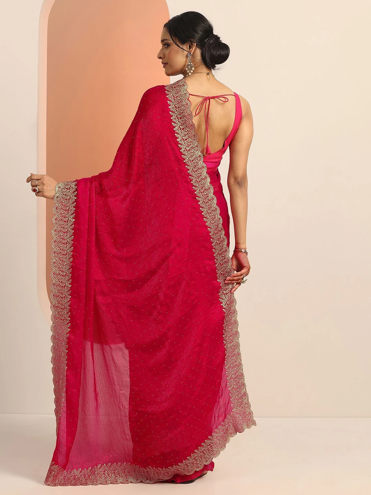 LIBAS Embellished Daily Wear Chiffon Saree (Red)
