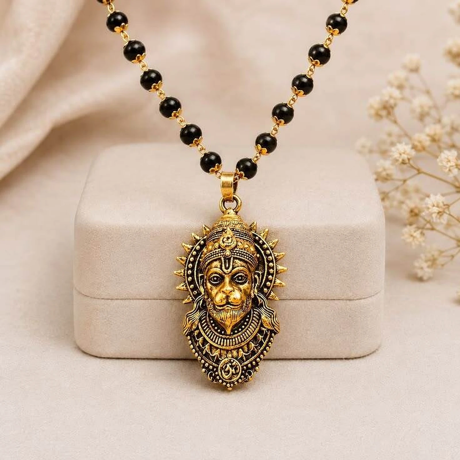 SPYRONIX REAL TREASURE original and certified karungali mala with hanuma ji locket Gold-plated Beads Alloy