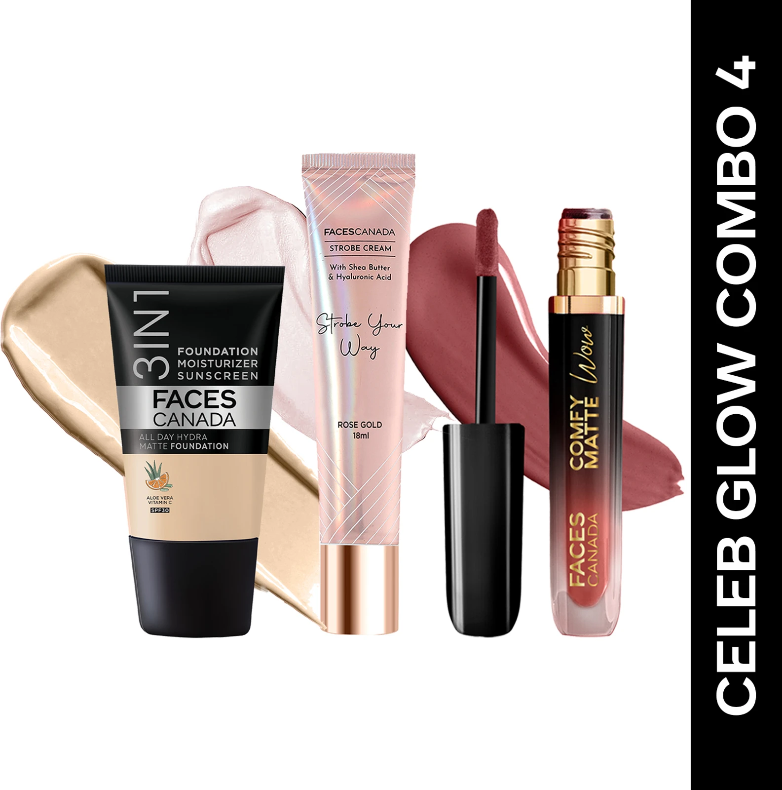 FACES CANADA 3in1 Foundation(18ml)+ Comfy Matte Wow Lipstick(3.8ml)+ Strobe Cream(18ml) Dewy Highlighter (39.8 ml, Absolute Ivory + Choco Couture + Rose Gold)