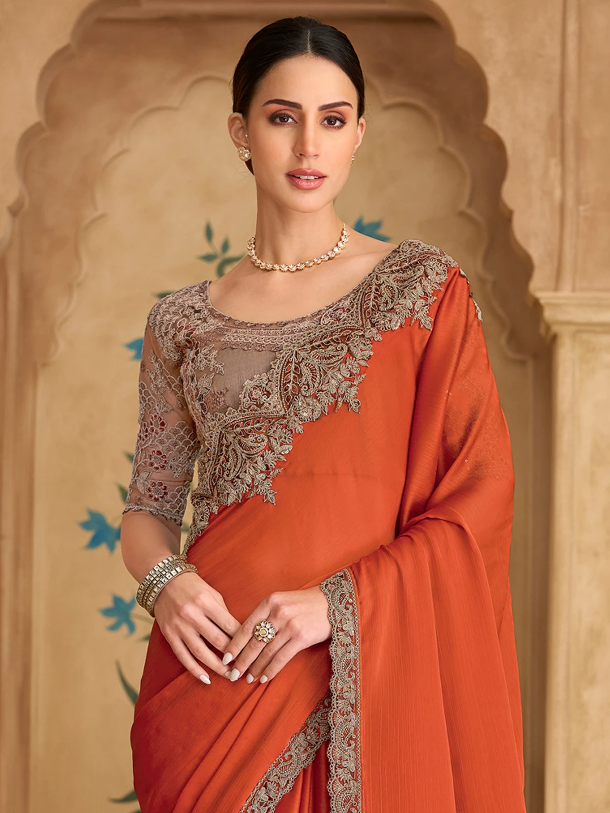 Tasrika Embroidered Bollywood Satin Saree (Orange, Gold)