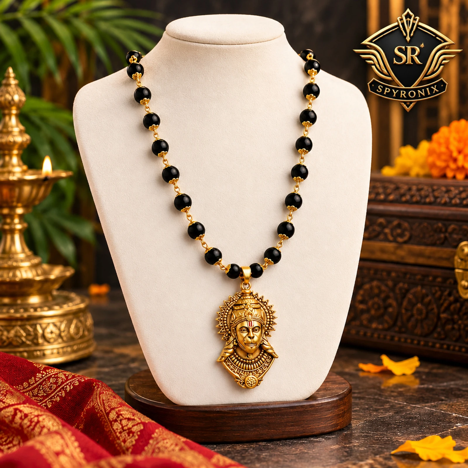 SPYRONIX REAL TREASURE original and certified karungali mala with hanuma ji locket Gold-plated Beads Alloy