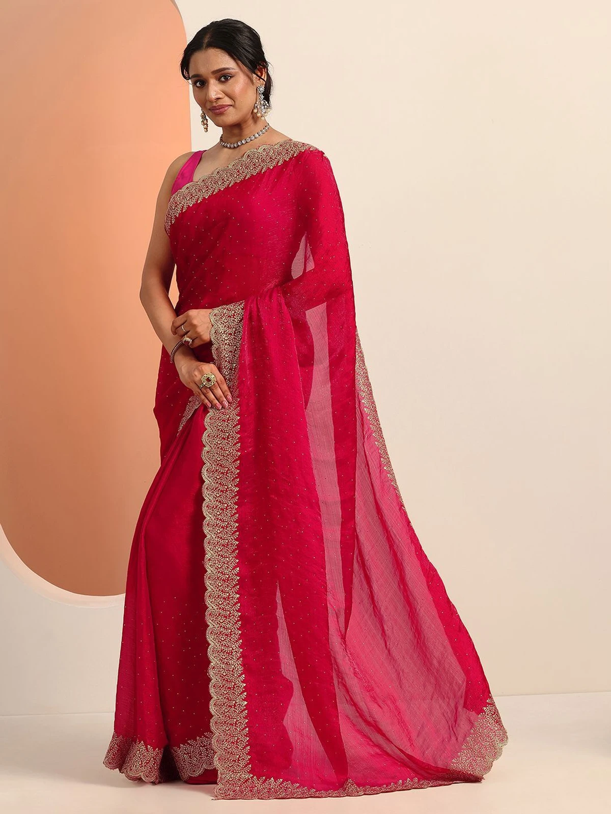 LIBAS Embellished Daily Wear Chiffon Saree (Red)