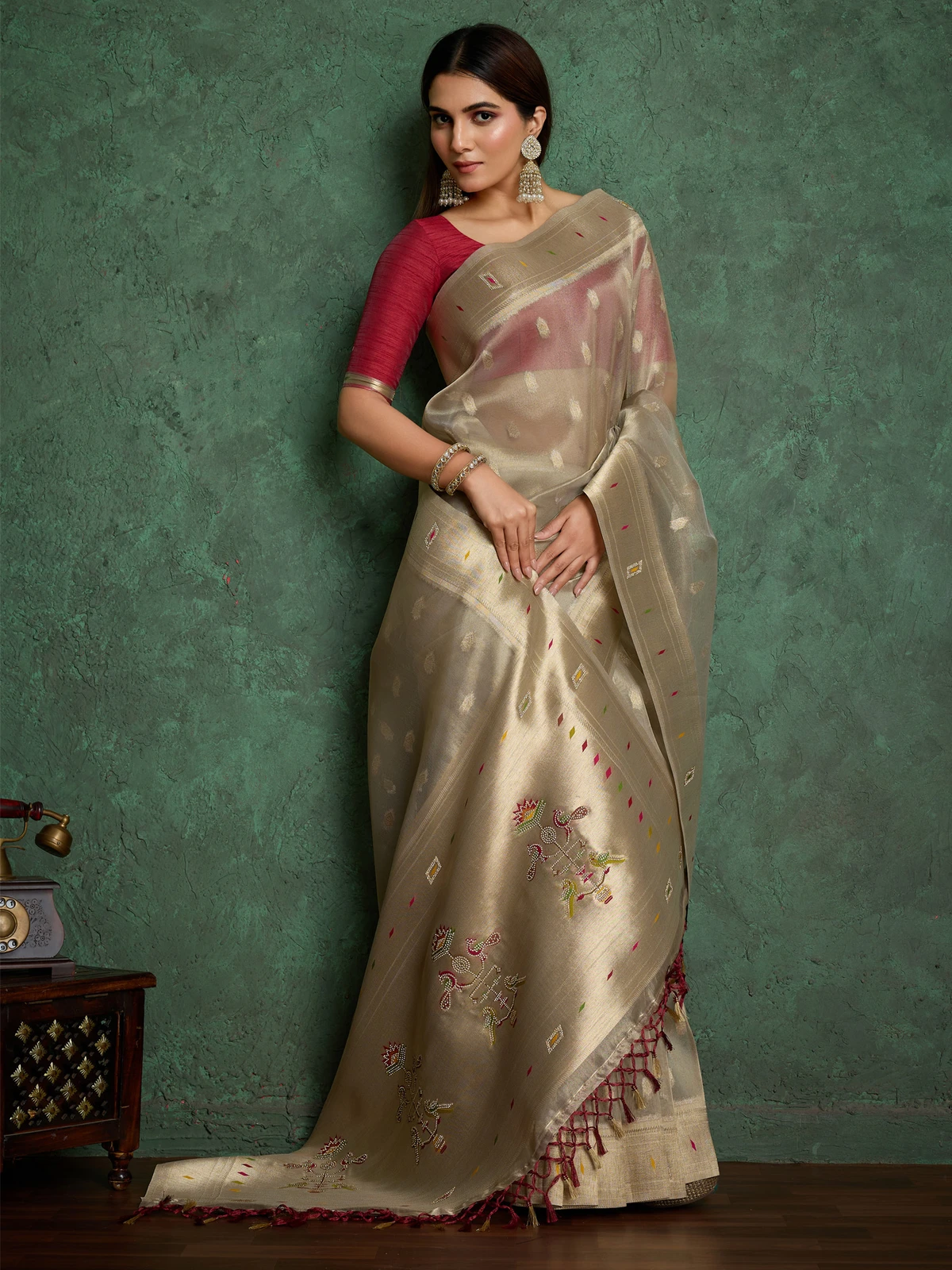 Sangria Woven Paithani Tissue Saree (Beige)
