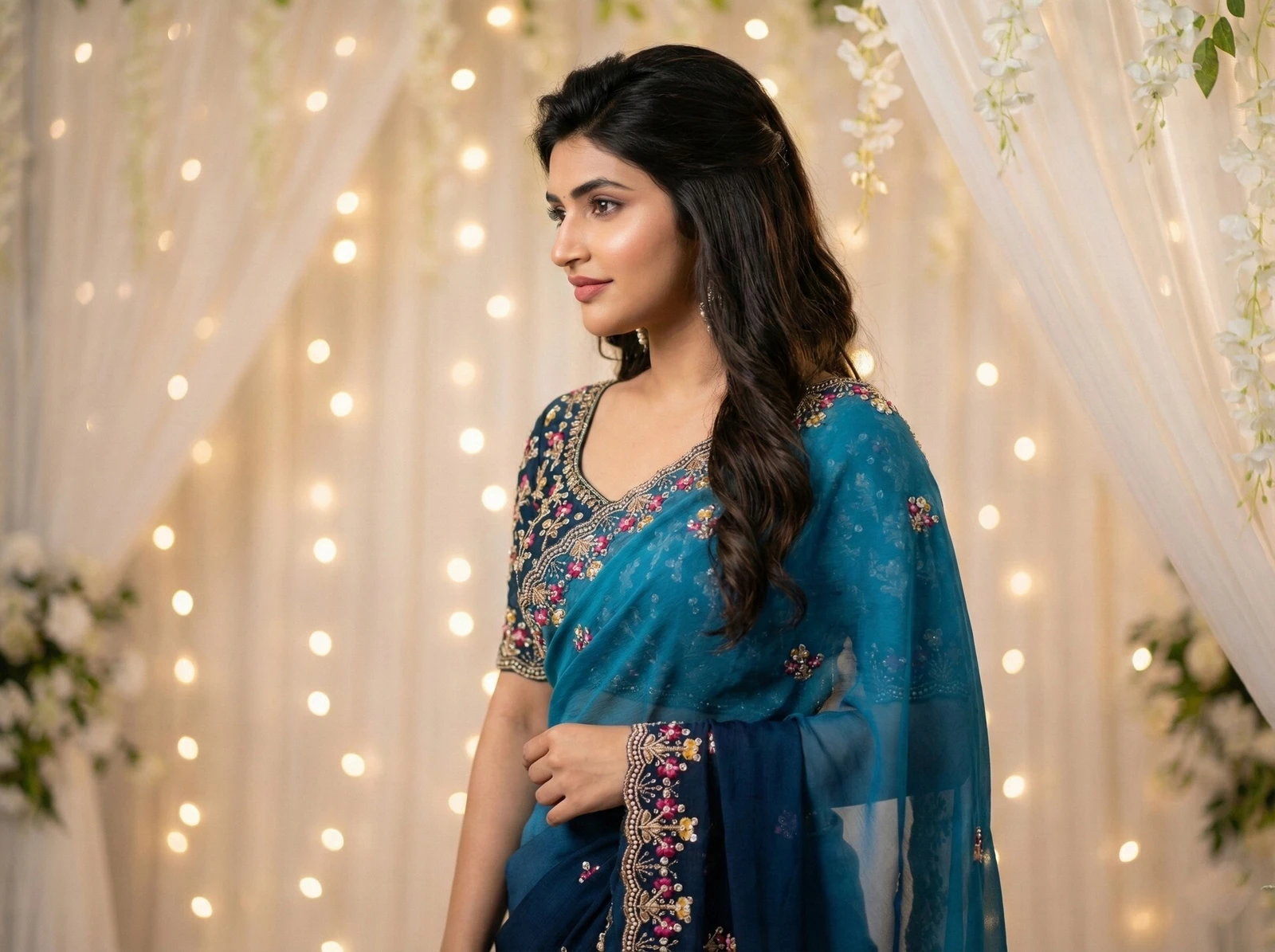 PHEASANT Embroidered Bollywood Georgette Saree (Blue)