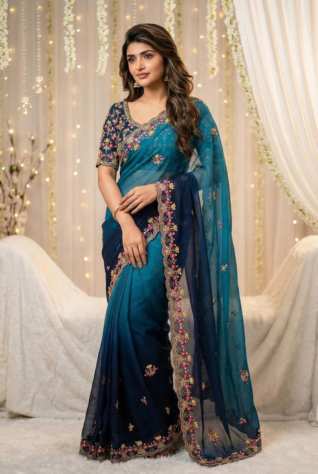 PHEASANT Embroidered Bollywood Georgette Saree (Blue)