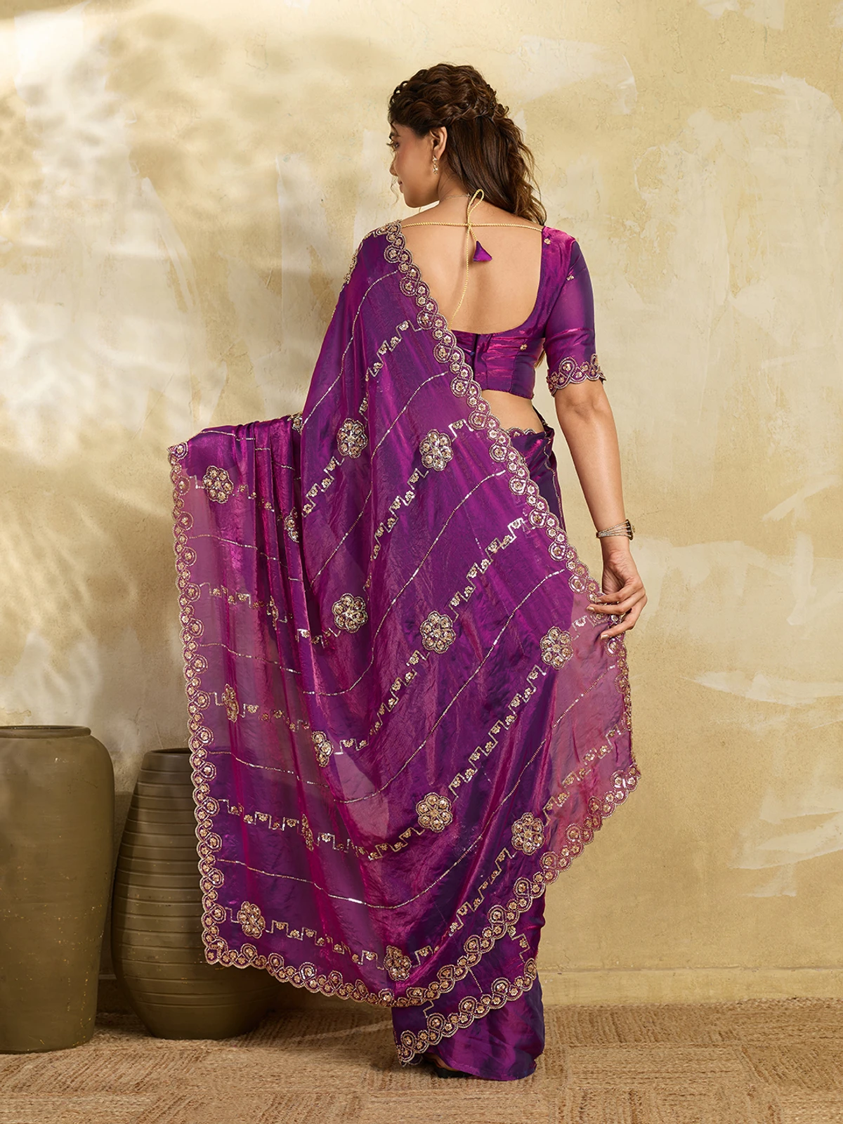 ManiSutra Embroidered Bollywood Satin Saree (Multicolor)