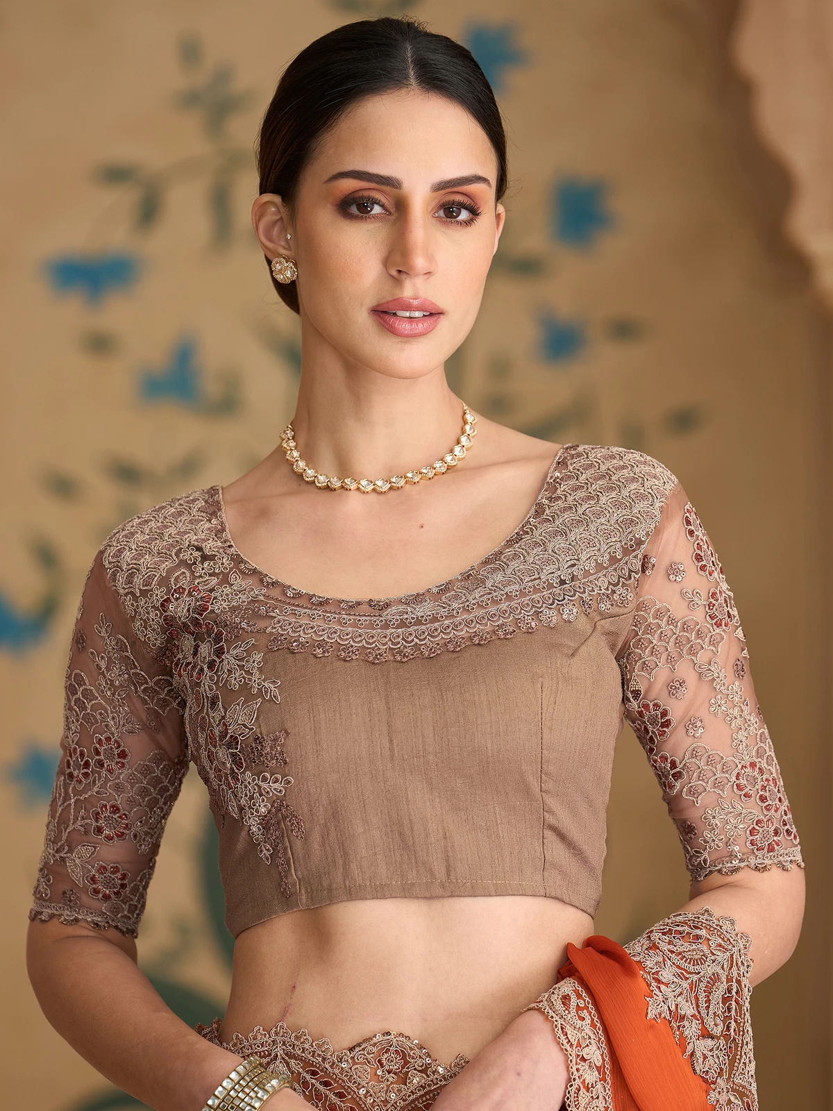 Tasrika Embroidered Bollywood Satin Saree (Orange, Gold)