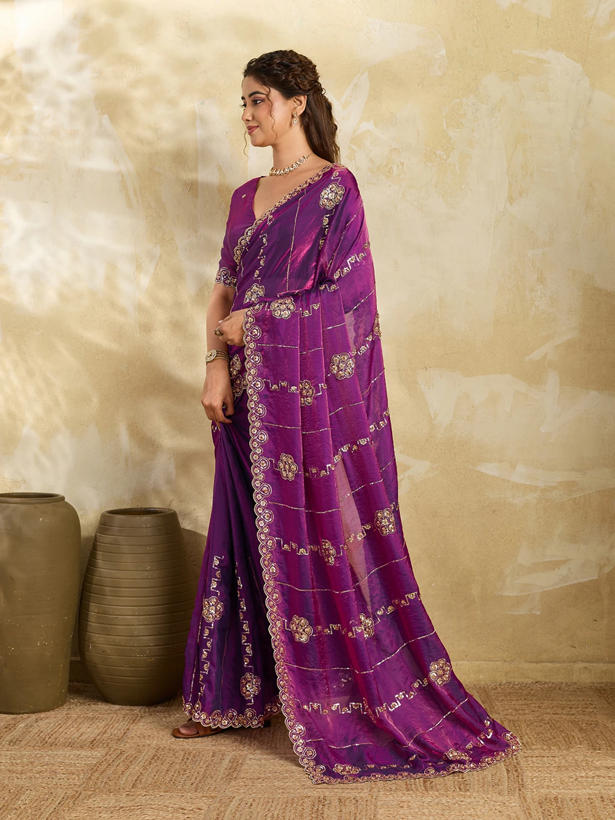 ManiSutra Embroidered Bollywood Satin Saree (Multicolor)