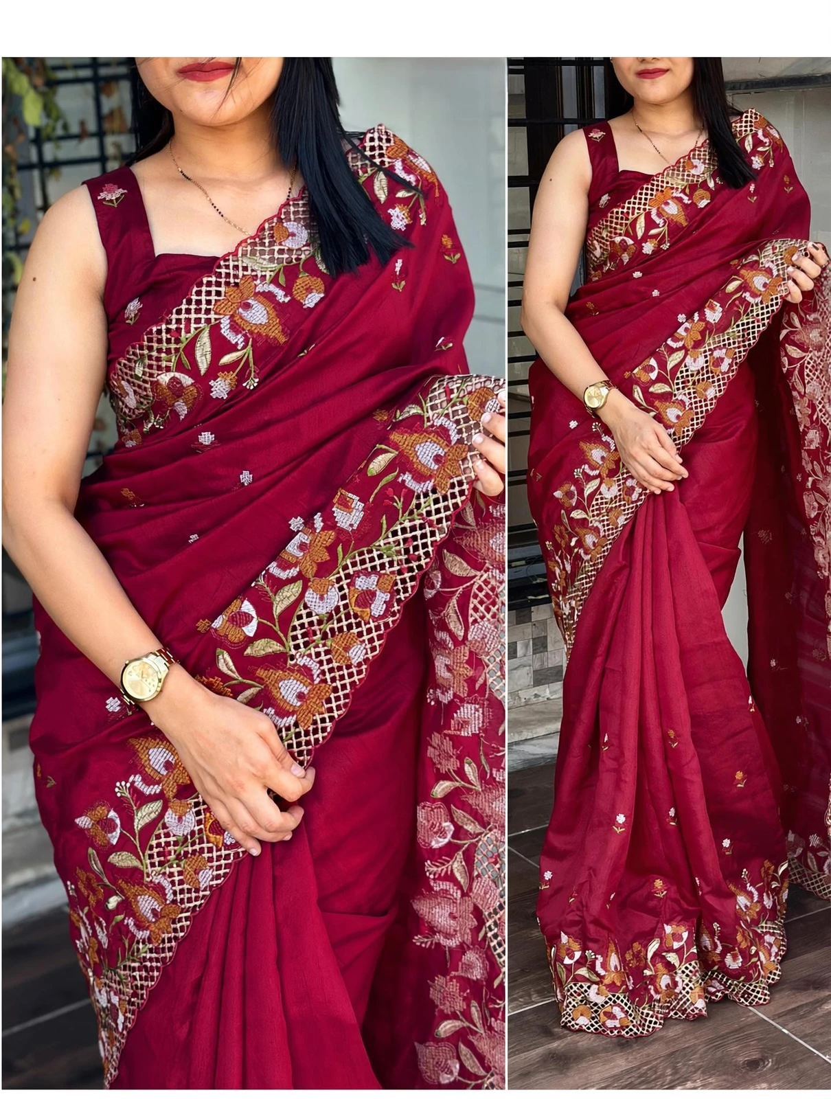Tasrika Embroidered Bollywood Silk Blend Saree (Maroon)