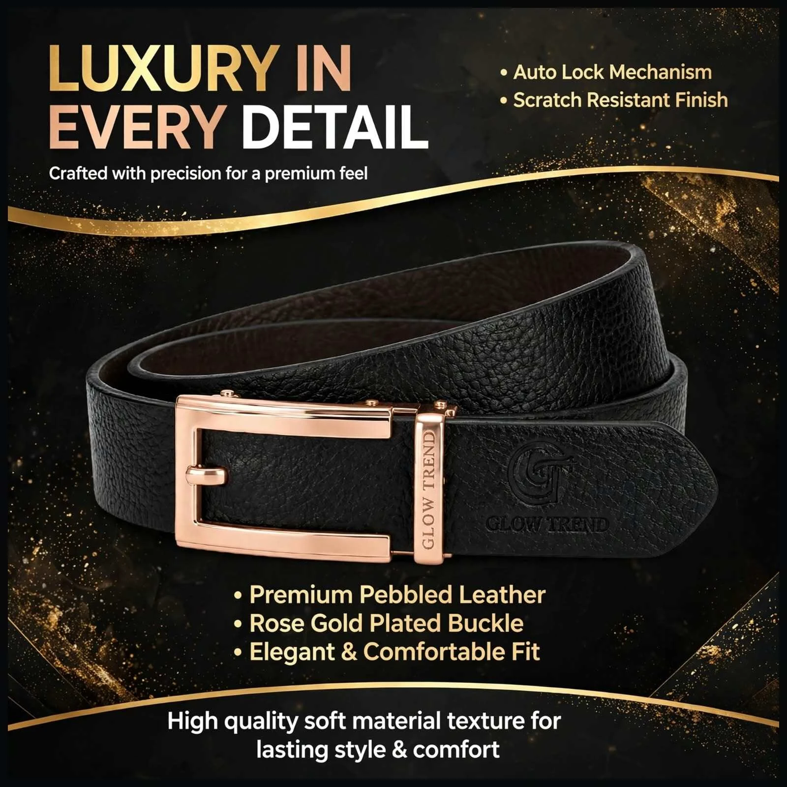 GLOW TREND ENTERPRISES Men Formal, Casual, Party, Evening Black, Gold Genuine Leather Belt