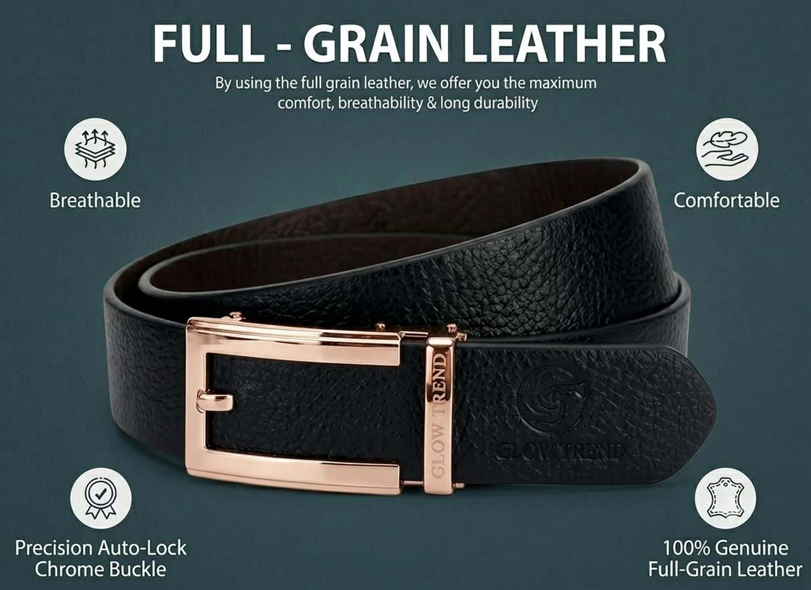 GLOW TREND ENTERPRISES Men Formal, Casual, Party, Evening Black, Gold Genuine Leather Belt