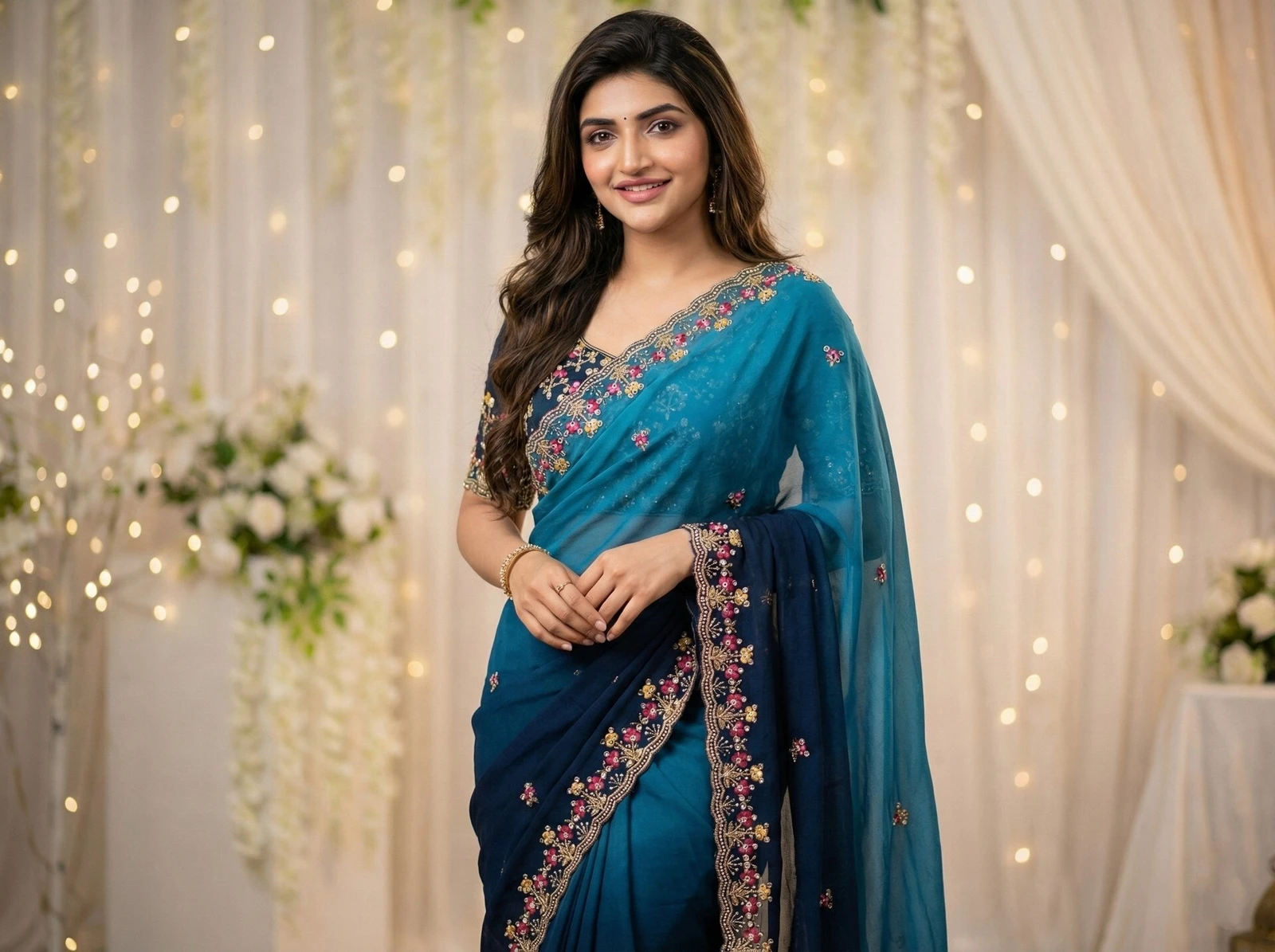 PHEASANT Embroidered Bollywood Georgette Saree (Blue)