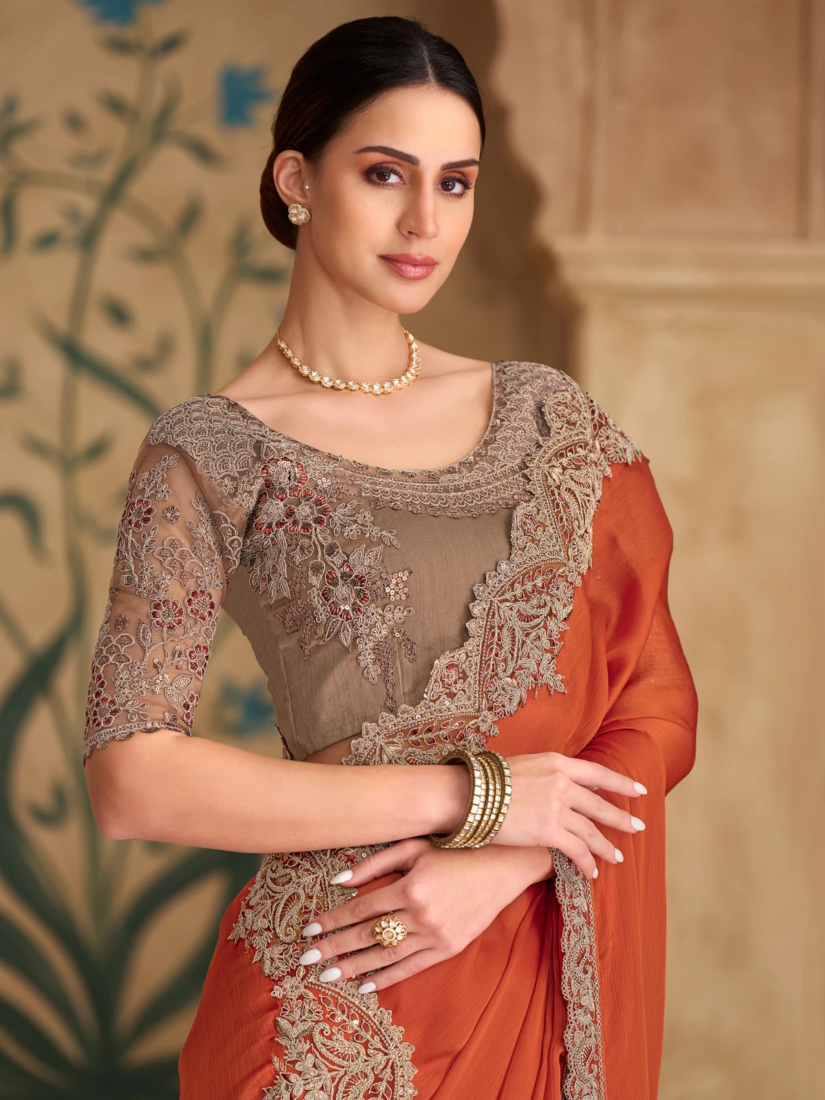 Tasrika Embroidered Bollywood Satin Saree (Orange, Gold)
