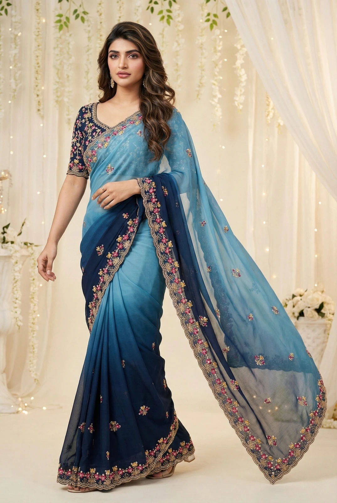 PHEASANT Embroidered Bollywood Georgette Saree (Blue)
