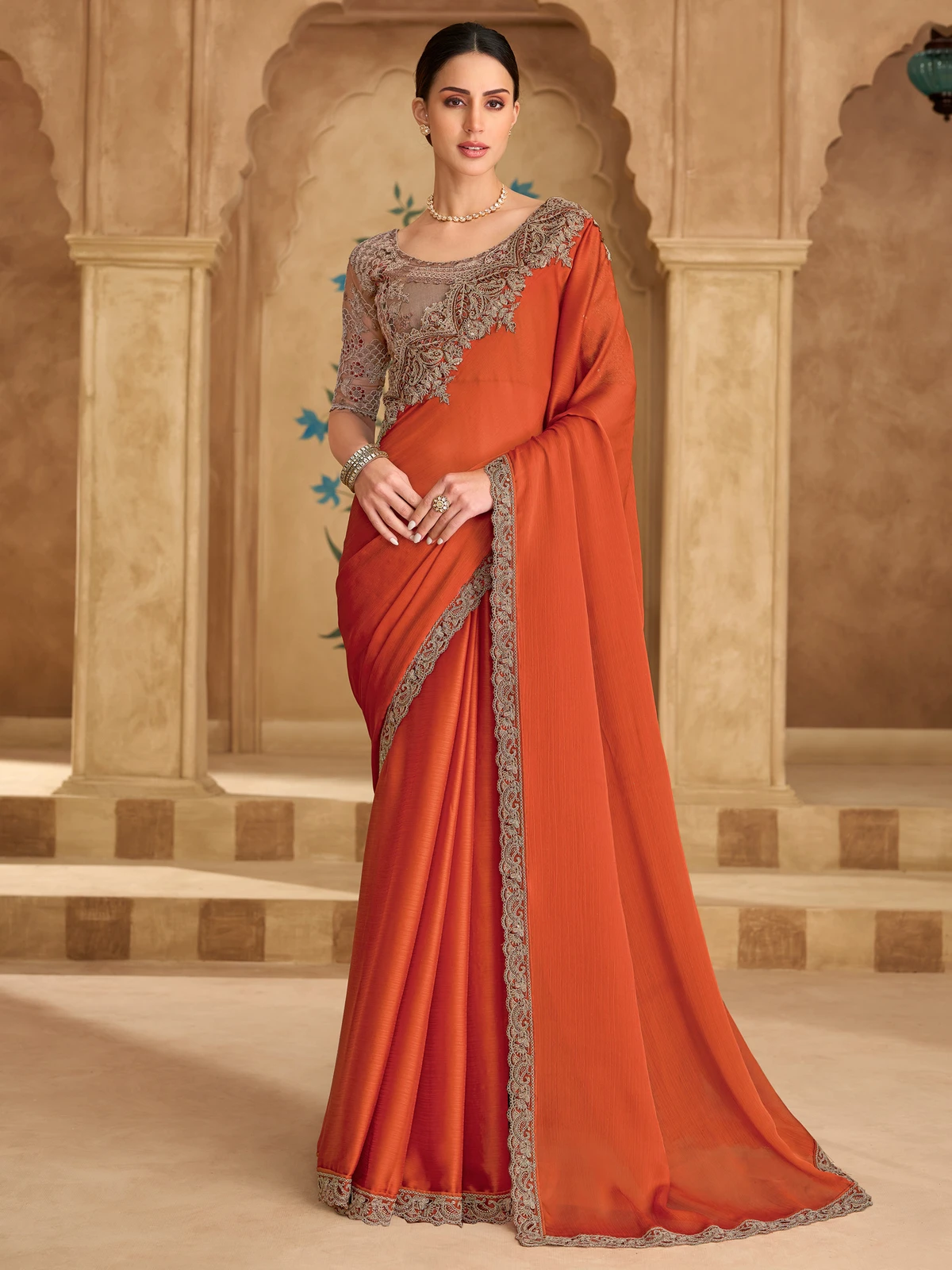 Tasrika Embroidered Bollywood Satin Saree (Orange, Gold)