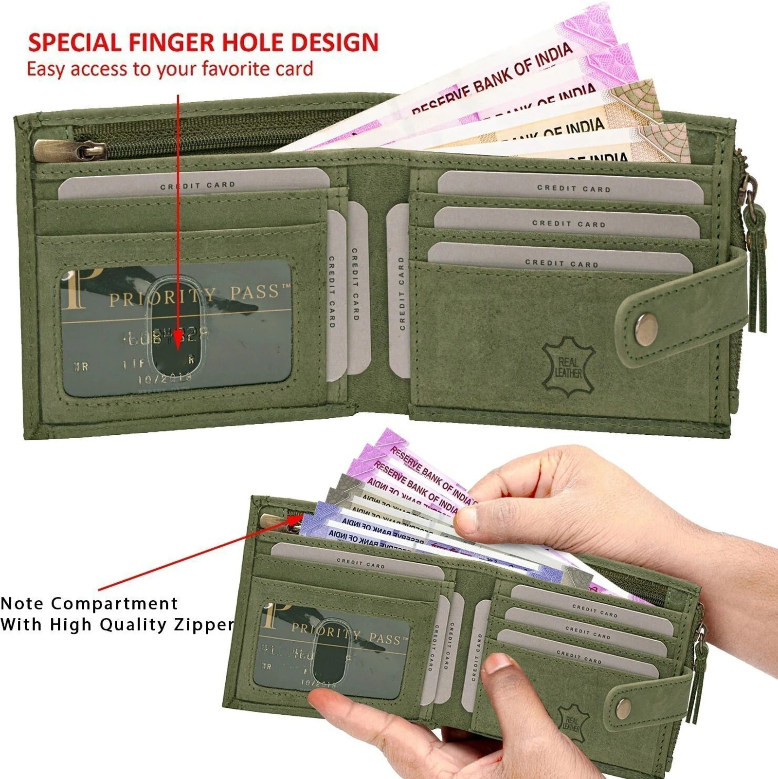 Rigohill Men Casual Green Genuine Leather RFID  Wallet (10 Card Slots)