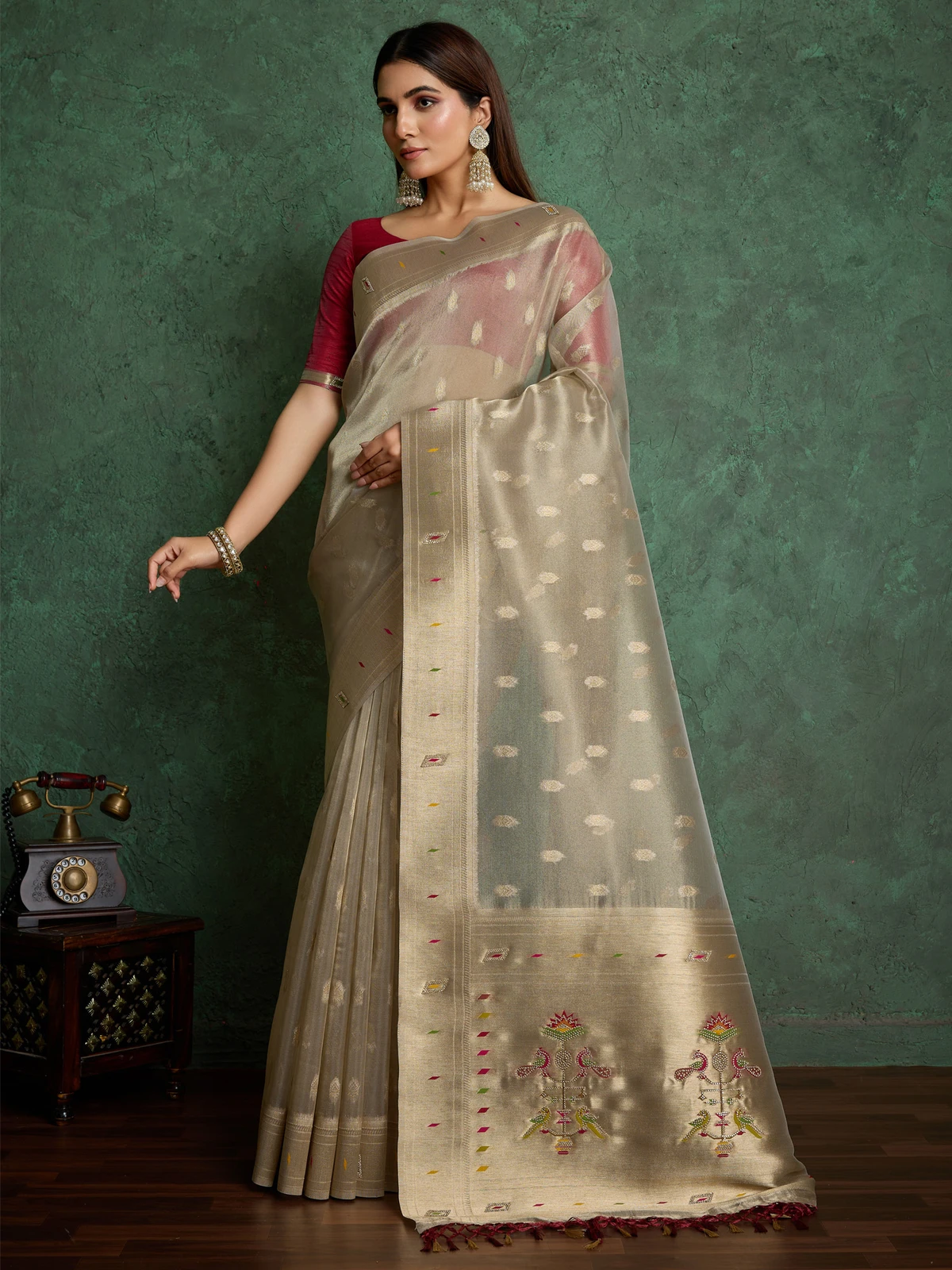 Sangria Woven Paithani Tissue Saree (Beige)