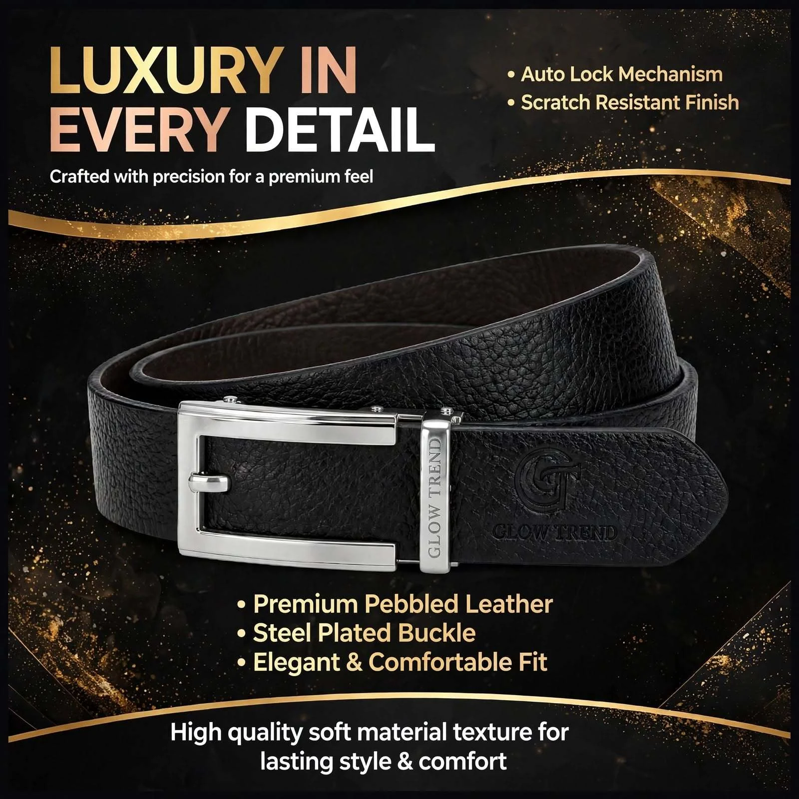 GLOW TREND ENTERPRISES Men Formal, Casual, Party, Evening Black, Silver Genuine Leather Belt