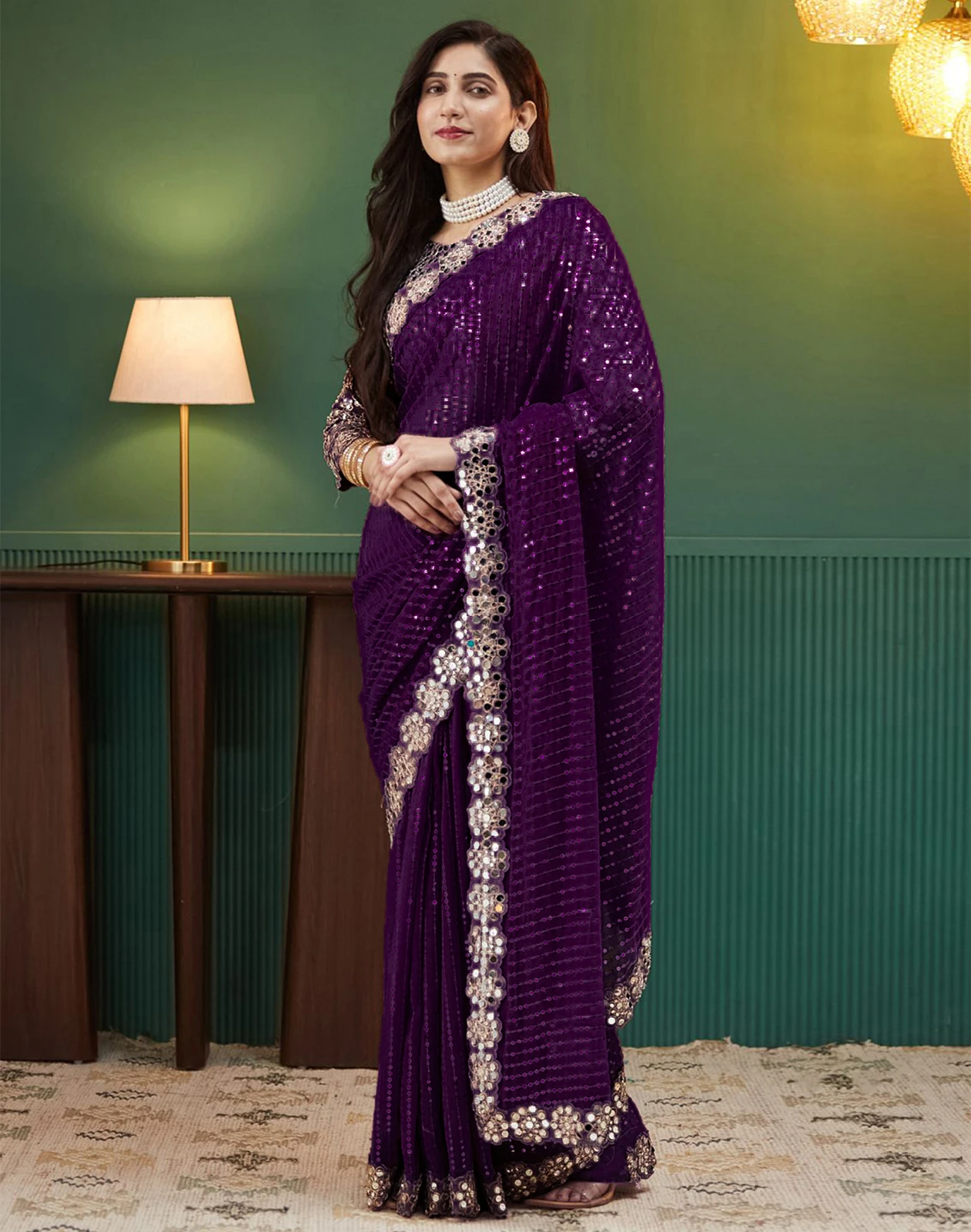 Satrani Embellished, Embroidered, Self Design Bollywood Georgette Saree (Purple)