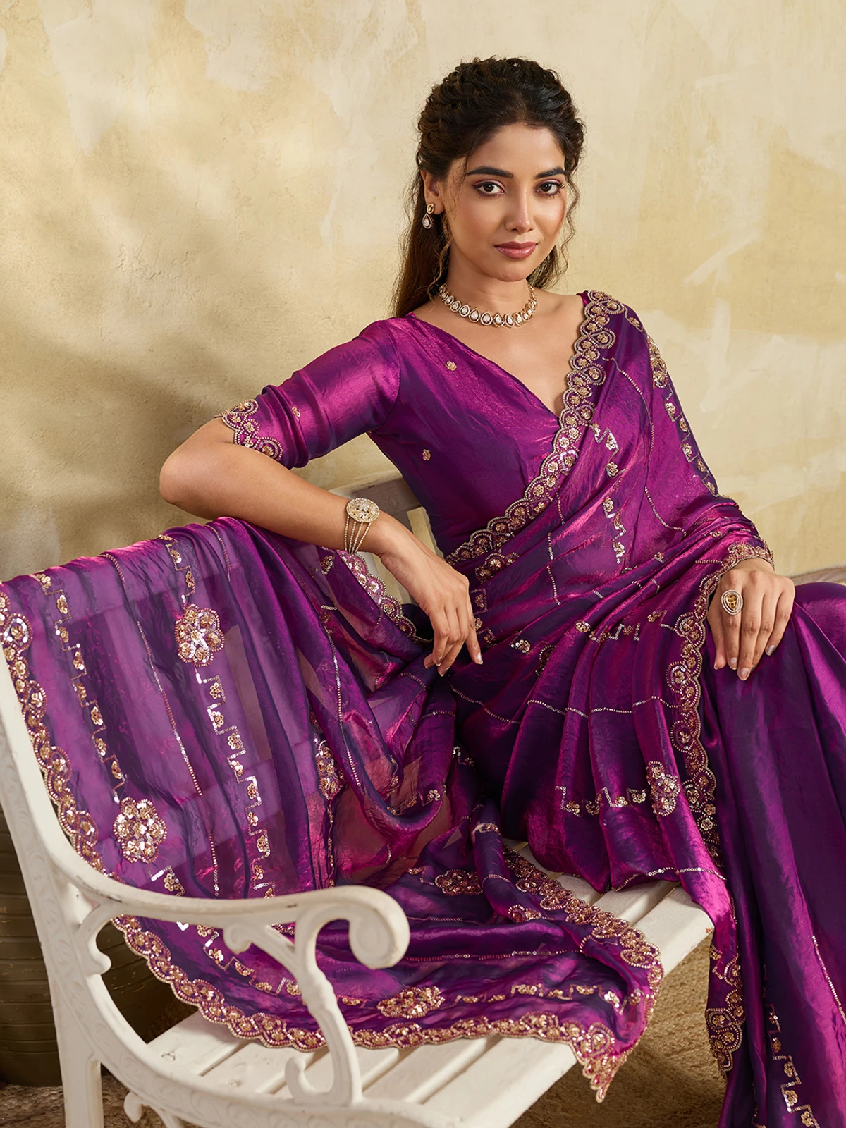 ManiSutra Embroidered Bollywood Satin Saree (Multicolor)