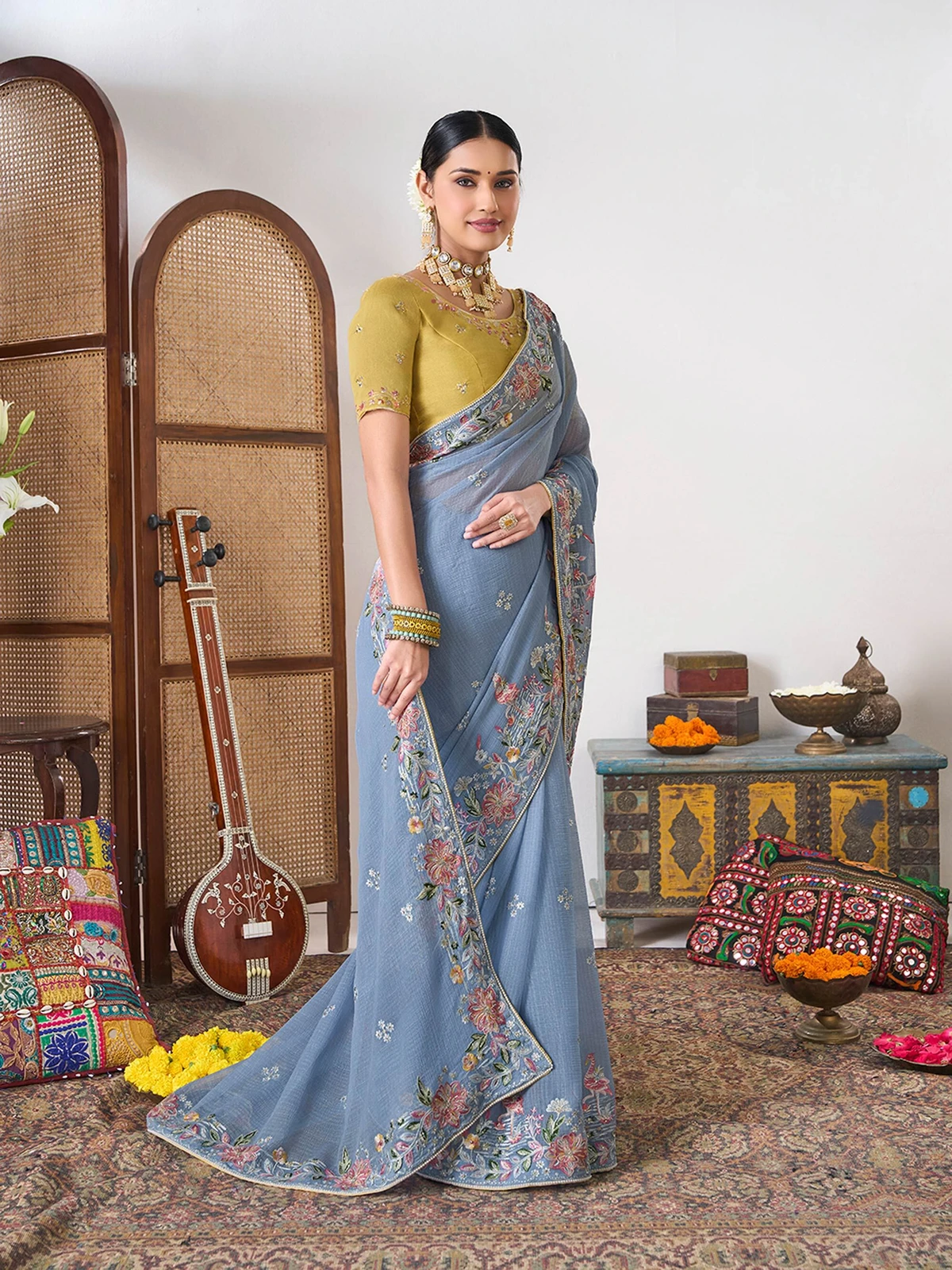 Laxmipati sarees Embroidered, Floral Print Bollywood Chiffon Saree (Blue)
