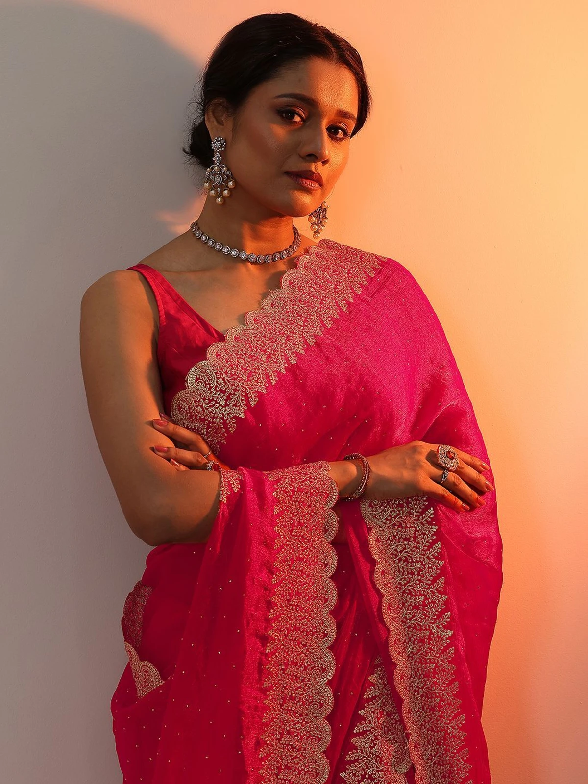 LIBAS Embellished Daily Wear Chiffon Saree (Red)