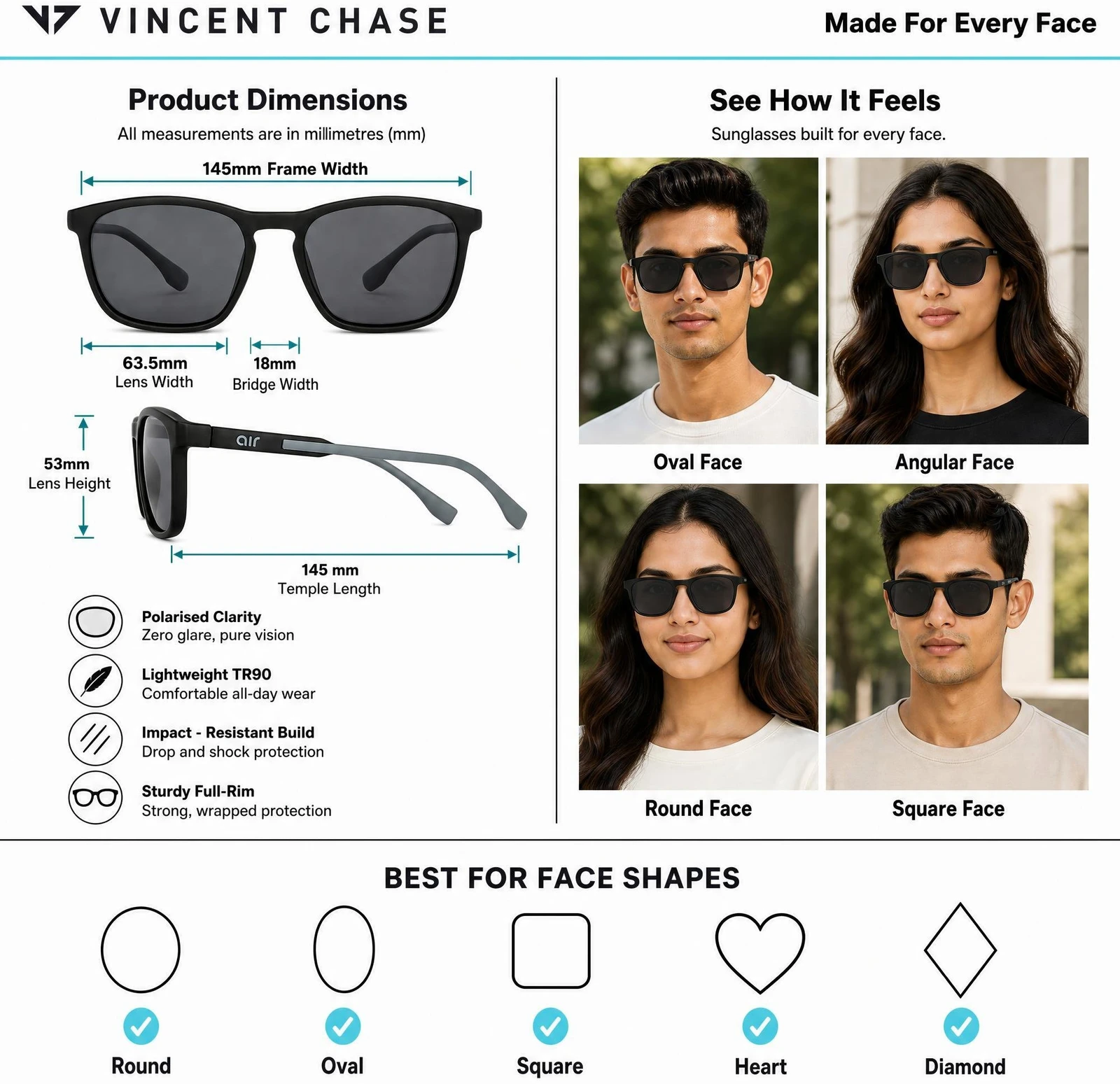 VINCENT CHASE by Lenskart Polarized, UV Protection Wayfarer Sunglasses (53) (For Men & Women, Black)