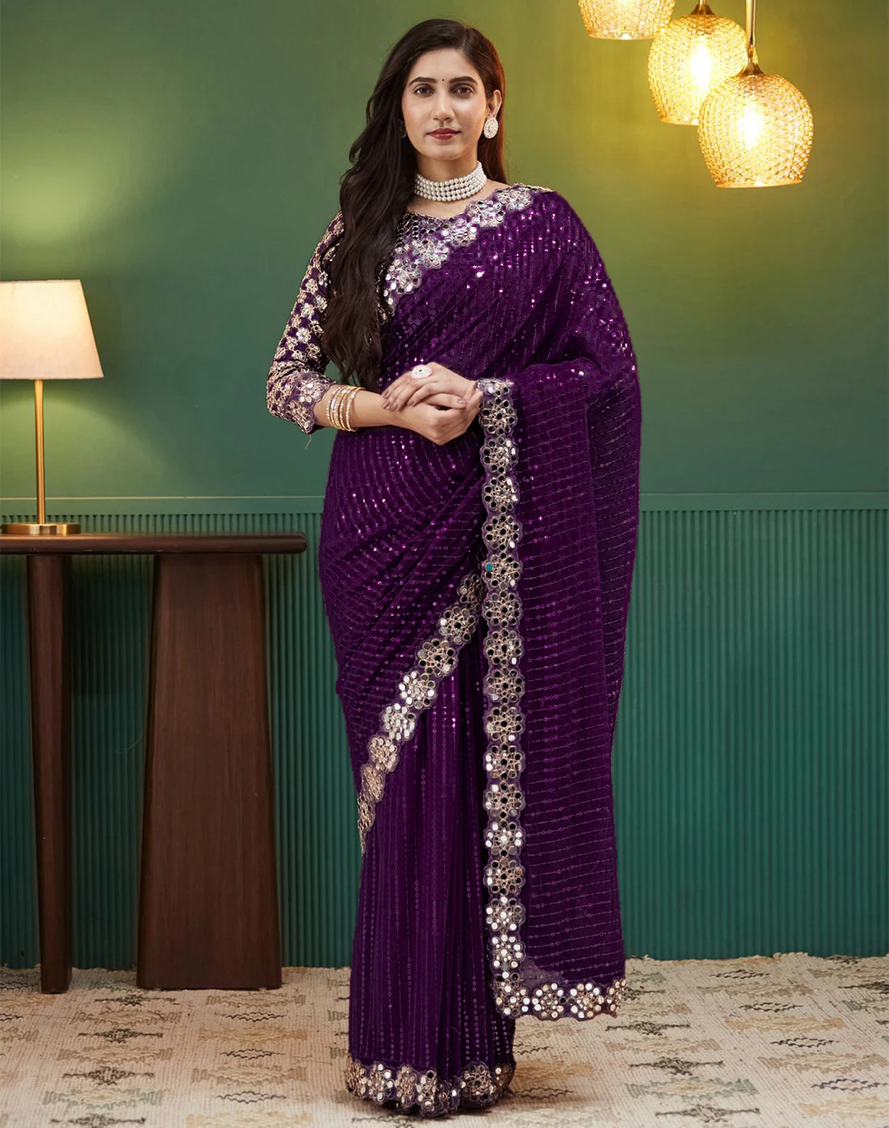 Satrani Embellished, Embroidered, Self Design Bollywood Georgette Saree (Purple)