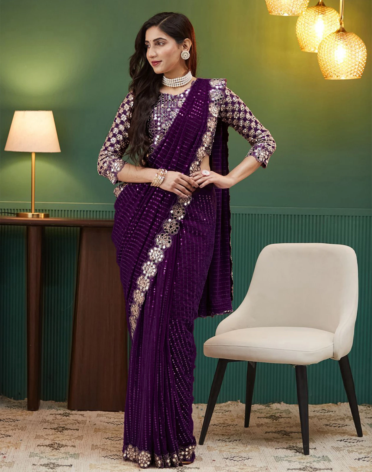 Satrani Embellished, Embroidered, Self Design Bollywood Georgette Saree (Purple)