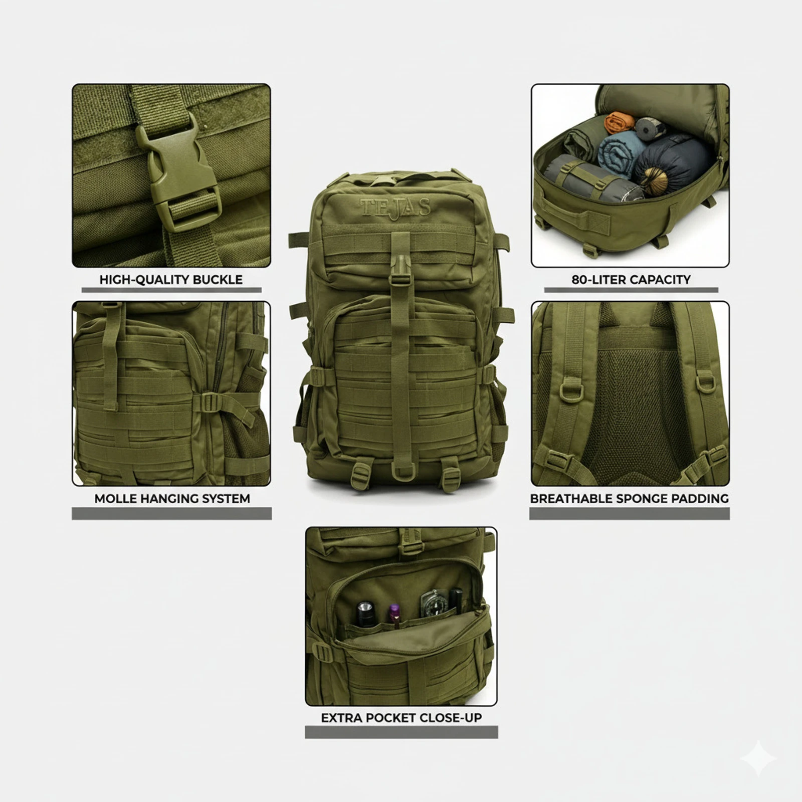 AMC Large 60 L Backpack Army Tactical Backpack Tejas (Green)